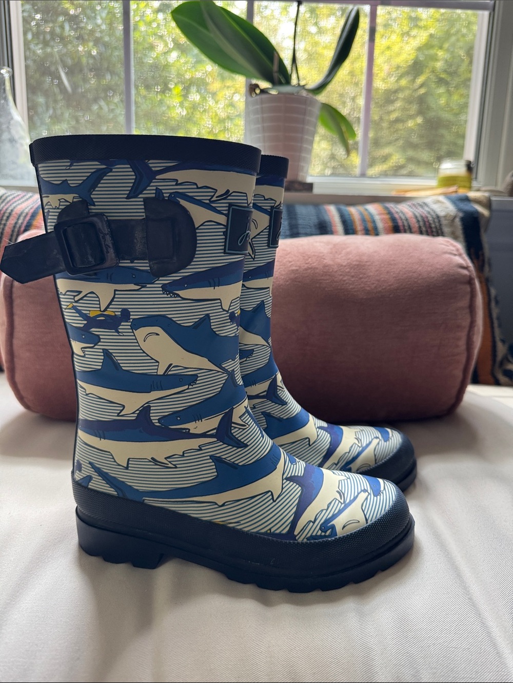 Joules Kids Blue and Cream Shark Print Rain Boots